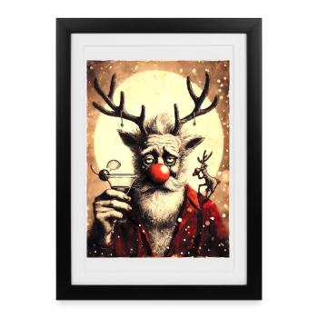 Renne festif avec cocktail et manteau de Père Noël - Affiche encadrée (27 × 37 cm) - noir - Devant