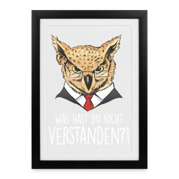 Qu’est-ce que vous n’avez pas compris ?! – Drôle de hibou - Affiche encadrée (27 × 37 cm) - noir - Devant