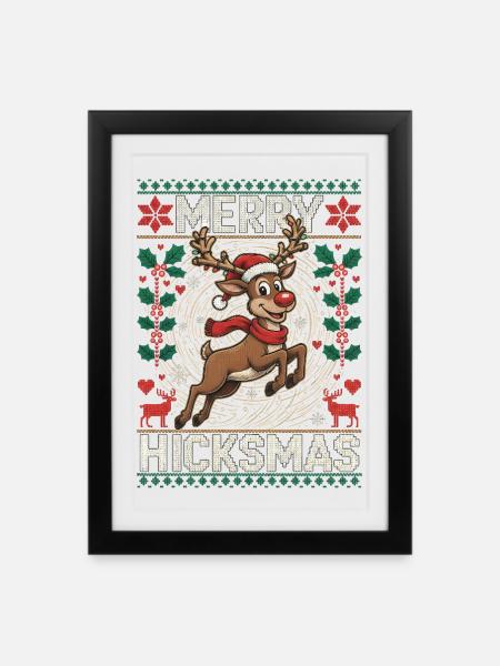 Weihnachten Rentier Illustration - Rote Nase, Elch - Gerahmtes Poster (27 × 37 cm) - Schwarz