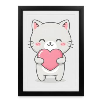 Kawaii Cat Heart Kawaii Cute Gray Cat - Framed poster (27 × 37 cm) - black - Front