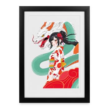 Geisha style anime avec dragon - Affiche encadrée (27 × 37 cm) - noir - Devant