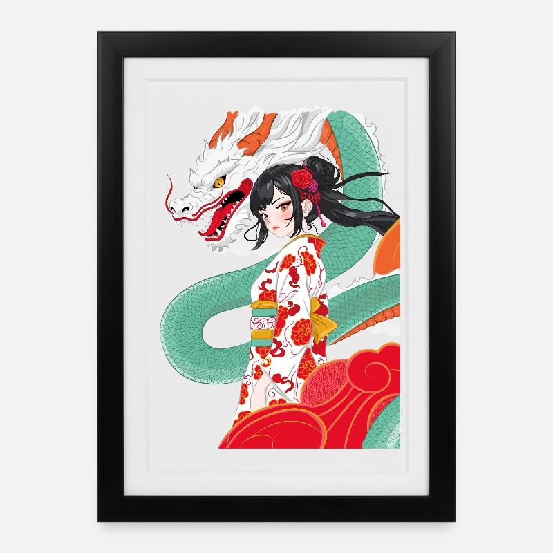 Anime Style Geisha with Dragon - Framed poster (27 × 37 cm) - black