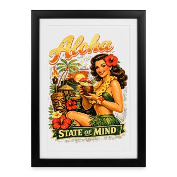 Pin-Up Tiki Rétro – Aloha State of Mind - Affiche encadrée (27 × 37 cm) - noir - Devant