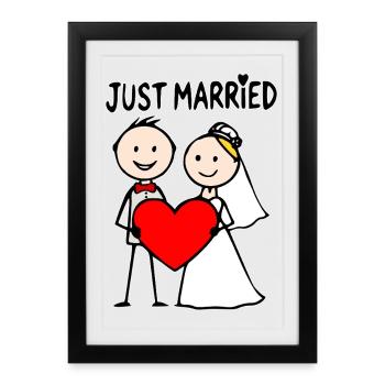 Couple de mariage Cartoon Heart Fraîchement marié - Affiche encadrée (27 × 37 cm) - noir - Devant
