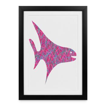 Neon Scribble Fisch Muster - Gerahmtes Poster (27 × 37 cm) - Schwarz - Vorne