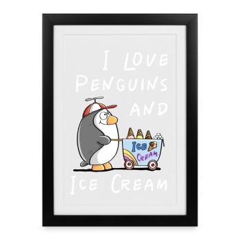J’aime les pingouins et la crème glacée - Bande dessinée de crème glacée pingouin - Affiche encadrée (27 × 37 cm) - noir - Devant