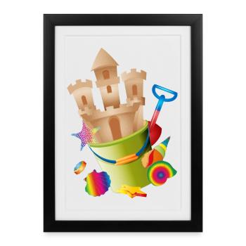 Un château de sable dans un seau réveille des sentiments de vacances - Affiche encadrée (27 × 37 cm) - noir - Devant