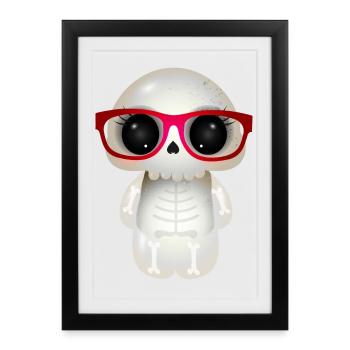 Crâne mignon avec des lunettes de nerd rouges - Affiche encadrée (27 × 37 cm) - noir - Devant