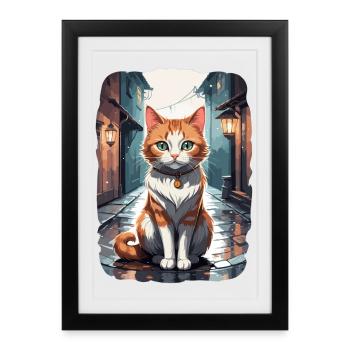 Chats mignons dans une ruelle de rue - Affiche encadrée (27 × 37 cm) - noir - Devant