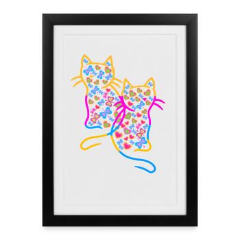 Chat Chats Rétro Coeur Coeurs Vintage - Affiche encadrée (27 × 37 cm) - noir - Devant
