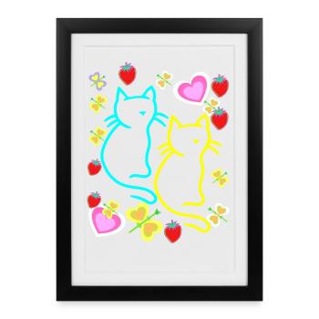 Rétro Chats Chat Coeurs Fraises Été Enfants - Affiche encadrée (27 × 37 cm) - noir - Devant