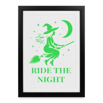 La sorcière d’Halloween chevauche la nuit avec la lune - Affiche encadrée (27 × 37 cm) - noir - Devant