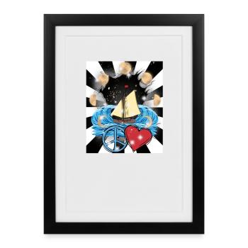 Voilier rétro maritime Peace Heart Hearts - Affiche encadrée (27 × 37 cm) - noir - Devant