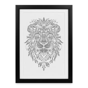 Elégante tête de lion en motif feuille - Affiche encadrée (27 × 37 cm) - noir - Devant