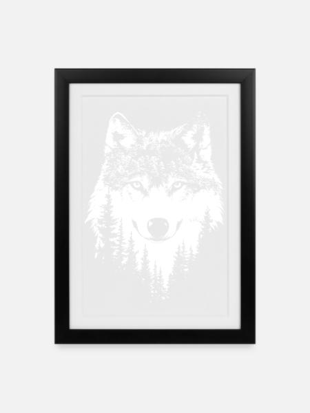 Wolf Gesicht Wald Natur in Schwarz-Weiß - Gerahmtes Poster (27 × 37 cm) - Schwarz