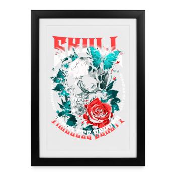 Crâne Crâne Crâne Fleur de Rose Papillon - Affiche encadrée (27 × 37 cm) - noir - Devant