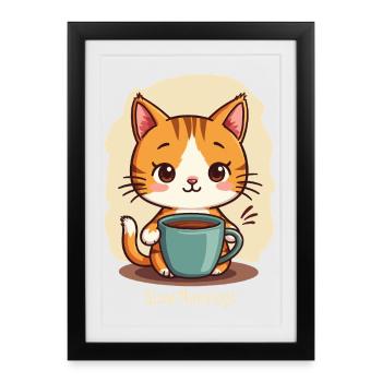Chat lent du matin avec café - Affiche encadrée (27 × 37 cm) - noir - Devant