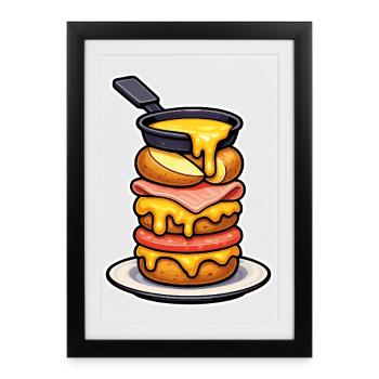 Raclette avec Fromage Fondant Montagne et Fondue - Affiche encadrée (27 × 37 cm) - noir - Devant