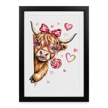 Du bétail des Highlands amoureux de lunettes en forme de cœur et de sucette - Affiche encadrée (27 × 37 cm) - noir - Devant