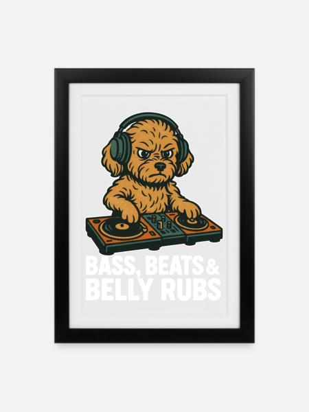 DJ Maltipoo: Bass, Beats & Belly Rubs Retro Design - Gerahmtes Poster (27 × 37 cm) - Schwarz