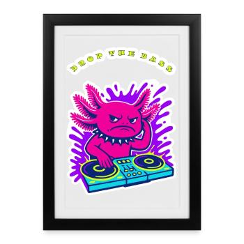DJ Axlotl en colère - Design néon Drop the Bass - Affiche encadrée (27 × 37 cm) - noir - Devant