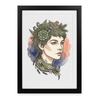 Portrait floral nymphe aquarelle beauté charme - Affiche encadrée (27 × 37 cm) - noir - Devant