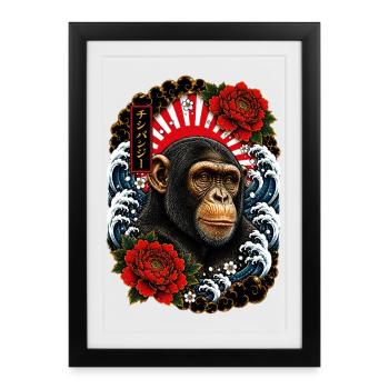 Schimpanse im japanischen Irezumi Tattoo Stil - Gerahmtes Poster (27 × 37 cm) - Schwarz - Vorne