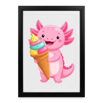 Rosa Comic Axolotl mit Schultüte – Schulanfang Art - Gerahmtes Poster (27 × 37 cm) - Schwarz - Vorne