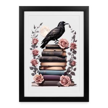 Stack of books with raven - Framed poster (27 × 37 cm) - black - Front