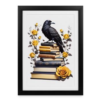 Stack of books with raven - Framed poster (27 × 37 cm) - black - Front