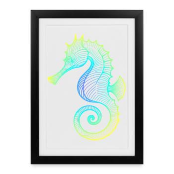 Hippocampe dégradé bleu jaune vert tribal - Affiche encadrée (27 × 37 cm) - noir - Devant