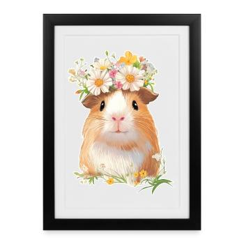 Cochon d’Inde avec des fleurs - Affiche encadrée (27 × 37 cm) - noir - Devant