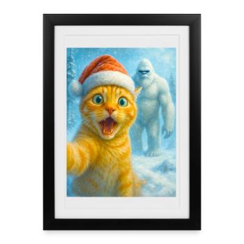 chat, chapeau de Père Noël, Yéti, Noël, neige, mème, selfi - Affiche encadrée (27 × 37 cm) - noir - Devant