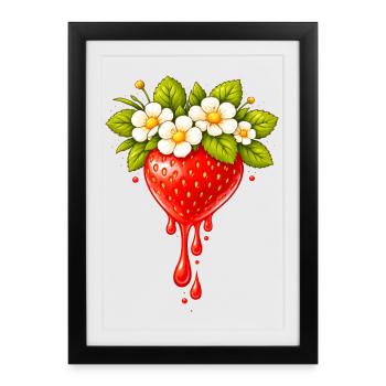Fraise avec fleurs et gouttes - Affiche encadrée (27 × 37 cm) - noir - Devant