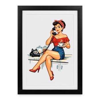 Retro Pin-up Girl: Coffee & Vintage Phone Graphic - Framed poster (27 × 37 cm) - black - Front
