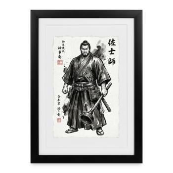 Samurai Handwerker Ukiyo-e Saugnapf Werkzeug - Gerahmtes Poster (27 × 37 cm) - Schwarz - Vorne