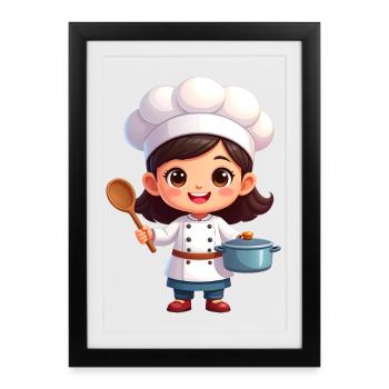 Petit cuisinier avec cuillère en bois et marmite – Kawaii Comic - Affiche encadrée (27 × 37 cm) - noir - Devant