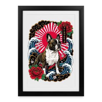 Französische Bulldogge im Japanischen Tattoo Stil - Gerahmtes Poster (27 × 37 cm) - Schwarz - Vorne