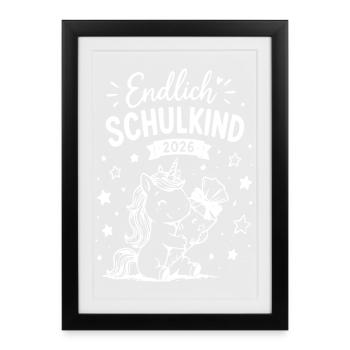 Endlich Schulkind 2026 Einhorn - Gerahmtes Poster (27 × 37 cm) - Schwarz - Vorne