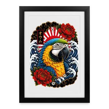 Ara Papagei im japanischen Irezumi Tattoo Stil - Gerahmtes Poster (27 × 37 cm) - Schwarz - Vorne