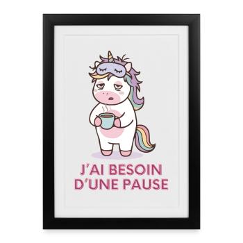 Licorne Fatiguée – Cadeau Humour - Affiche encadrée (27 × 37 cm) - noir - Devant