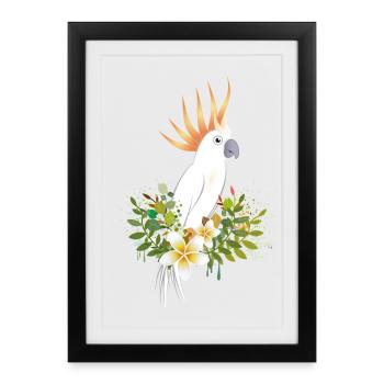 Oiseau cacatoès avec des plantes et des fleurs luxuriantes - Affiche encadrée (27 × 37 cm) - noir - Devant