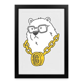 Gangsta Bear – Rappeur Grizzly avec chaîne en or et style - Affiche encadrée (27 × 37 cm) - noir - Devant