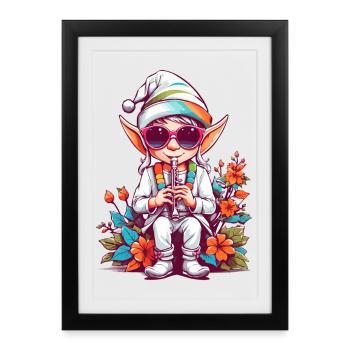 Elfe avec flûte - Affiche encadrée (27 × 37 cm) - noir - Devant