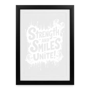 La force et le sourire s’unissent ! Citation de salle de sport - Affiche encadrée (27 × 37 cm) - noir - Devant