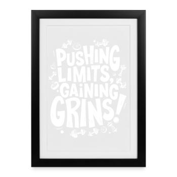 Repousser les limites, gagner des sourires ! Citation de motivation de salle de sport - Affiche encadrée (27 × 37 cm) - noir - Devant