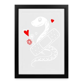 Serpent avec des emplâtres et des cœurs - Bon rétablissement - Affiche encadrée (27 × 37 cm) - noir - Devant