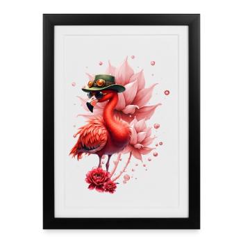 Flamant rose avec chapeau - Affiche encadrée (27 × 37 cm) - noir - Devant