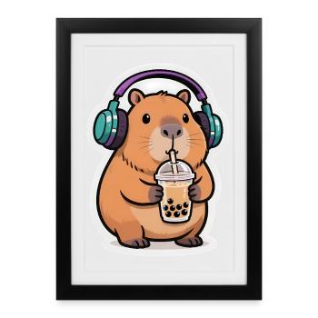 Mignon Capybara Bubble Tea Kawaii Animal Gift - Affiche encadrée (27 × 37 cm) - noir - Devant