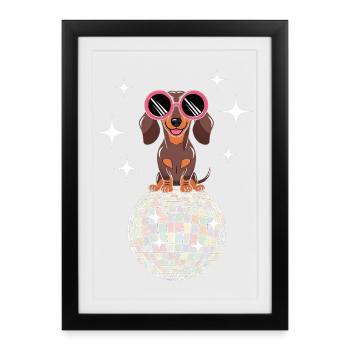 Teckel boule disco des années 80 Rétro Drôle - Affiche encadrée (27 × 37 cm) - noir - Devant